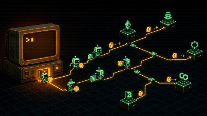 A pixel art illustration depicting cryptocurrency or blockchain mining, with green robots generating coins and following paths from a computer terminal to various servers and endpoints.