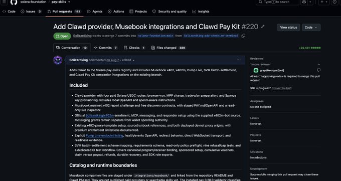 A GitHub pull request page titled 'Add Clawd provider, Museebook integrations and Clawd Pay Kit #220' from the Solana Foundation repo, showing review status, comments, and code changes totaling +62,431 additions.