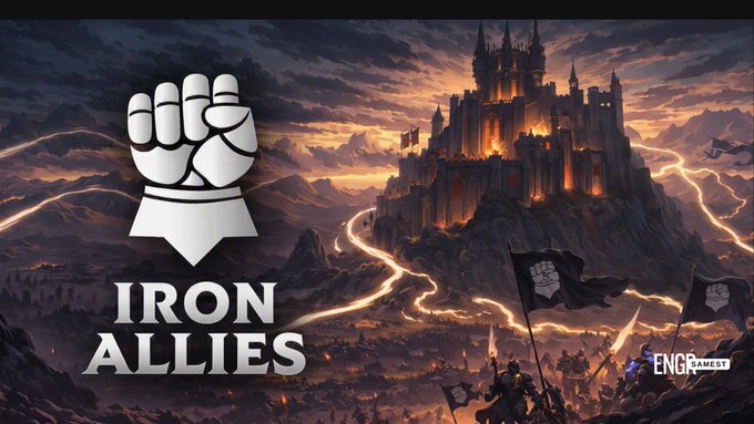 Promotional graphic for 'IRON ALLIES' featuring a white fist logo over a fantasy castle landscape with warriors and flags, branded by EnGamest.