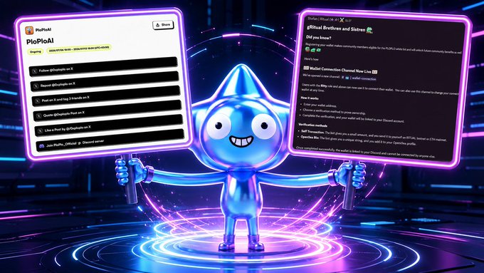 A blue cartoon mascot character with a pointed head holding two signs showing a 'PioPioAI' plugin list and a tutorial about 'Wallet Connection' for OpenSea and X.
