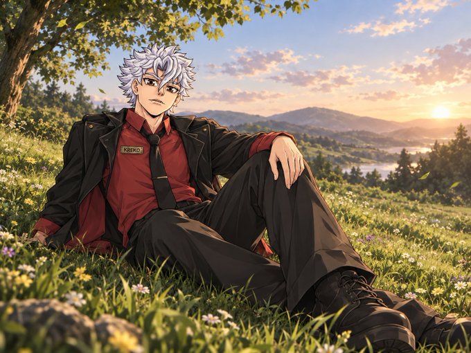 An anime-style illustration of a character with spiky silver hair wearing a red shirt and black coat, sitting in a grassy field with mountains and a sunset in the background.