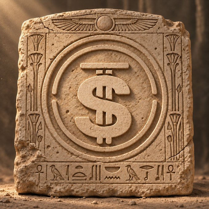 A stone tablet carved with a dollar sign ($) inside circular patterns and Egyptian-style hieroglyphs along the bottom and sides.