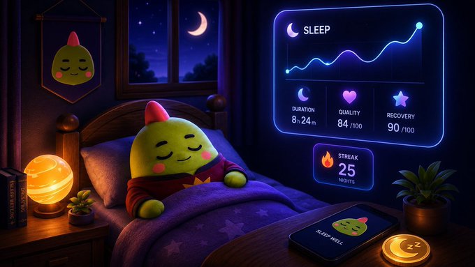 A cute green plush character sleeps peacefully in a dark bedroom alongside a glowing sleep-tracking dashboard displaying metrics like Duration (8h 24m), Quality (84/100), Recovery (90/100), and a 25-night streak. The image visually reinforces the post's theme by showing how Sleepagotchi gamifies consistent, gentle sleep habits rather than relying on fleeting motivation.