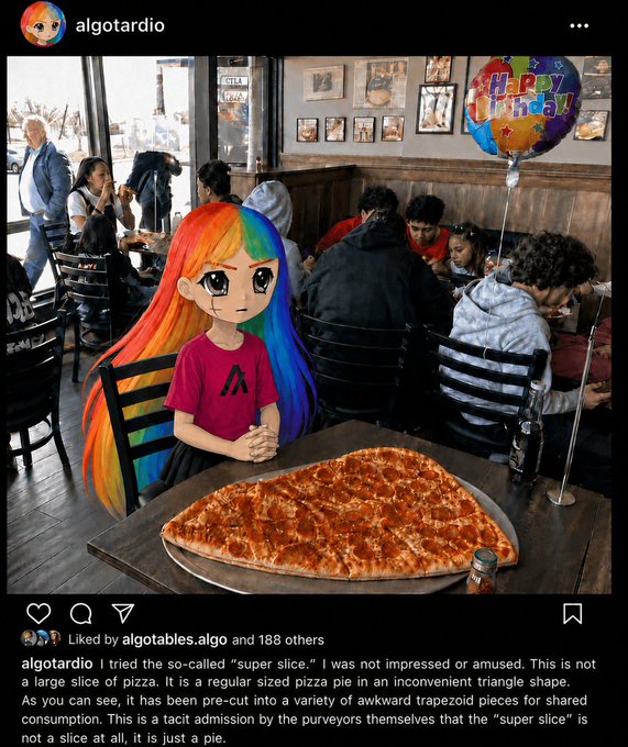 iced pizza with rainbow-colored toppings sits on a table, accompanied by a balloon and text about the pizza's size.