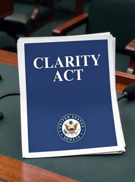 A blue document titled 'CLARITY ACT' bearing the United States Senate seal resting on a green table.
