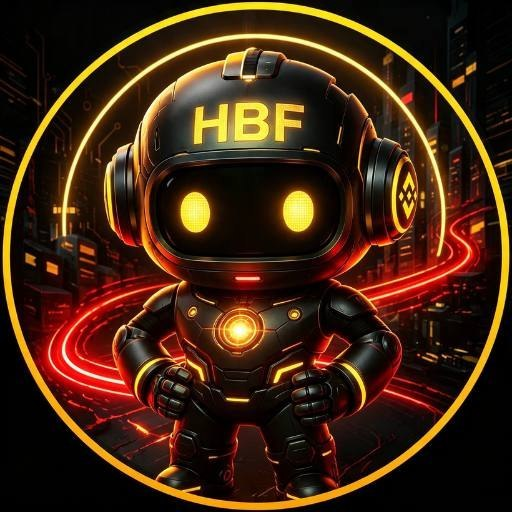 A futuristic black and yellow robot mascot with glowing eyes and the text "HBF" on its helmet, set against a neon-lit cyberpunk cityscape. The image visually reinforces the post's message about AI memory evolution, with the robot symbolizing the next generation of intelligent technology powered by $HBF (High Bandwidth Flash).