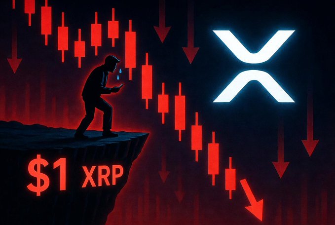 The image depicts a man standing on top of a steep cliff, overlooking a series of falling money signs below him. The scene also includes elements related to cryptocurrency, such as Bitcoin, Ripple, and Ether. At the bottom right corner, there is a caption that reads "If XRP drops to $1, most people won't be asking, Should I buy more? That's usually when the market gets interesting."
