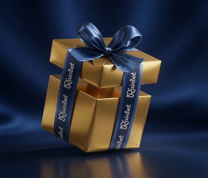 A gold gift box wrapped with a navy blue ribbon featuring the "Rainbet" logo and a matching bow sits against a dark blue backdrop, visually representing the "open the present" invitation to reply with a Rainbet username.
