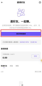 A Chinese app interface (likely Binance) showing an 'Invite Friends' page with a highlighted button for claiming rewards and displaying 0.00 USDT available.