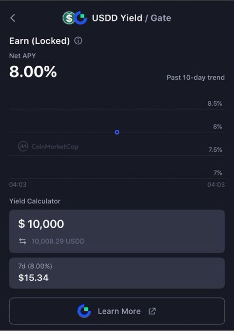 A screenshot of a USDD Yield / Gate financial interface showing an Earn (Locked) Net APY of 8.00%, a past 10-day trend chart, and a Yield Calculator displaying $10,000 producing $15.34 in 7 days.