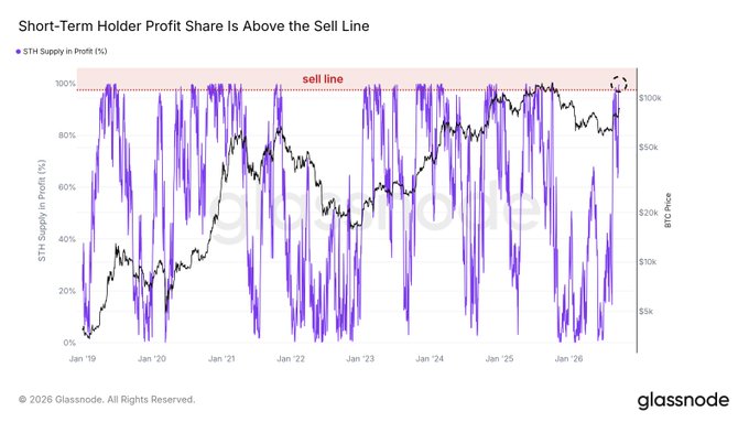 A Glassnode chart titled "Short-Term Holder Profit Share Is Above the Sell Line" tracks BTC price alongside STH Supply in Profit (%) from Jan '19 to early 2026, with the purple profit metric recently piercing back above the 95% "sell line" threshold at prices near $100K—illustrating the post's point that short-term BTC holders are once again sitting on substantial profits, though notably without triggering heavy sell pressure.