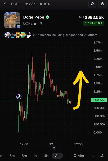 A cryptocurrency price chart for the Doge Pepe (DOPE) token showing a market cap of $993.55K with a massive 19493.6% gain, highlighted by a hand-drawn yellow upward arrow.
