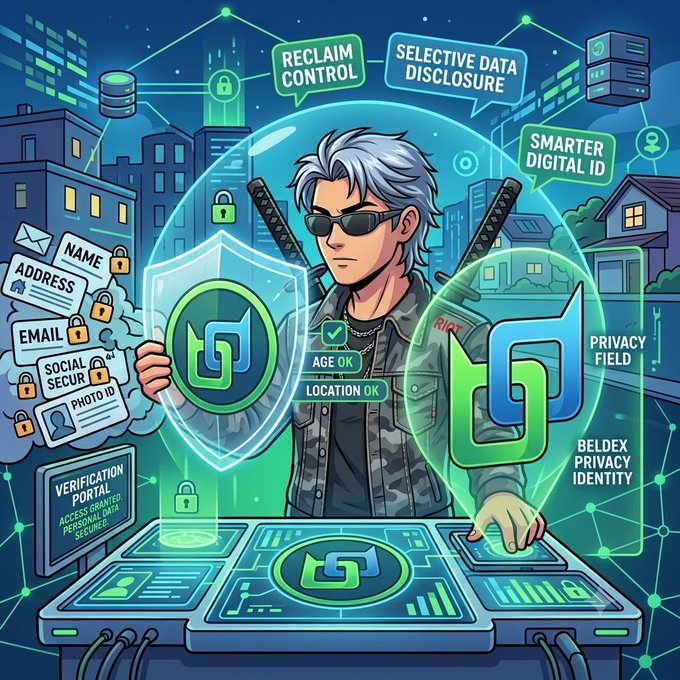 A stylized digital illustration featuring a silver-haired man with sunglasses surrounded by a glowing blue shield, holding a control panel with security icons and text bubbles reading "RECLAIM CONTROL," "SELECTIVE DATA DISCLOSURE," "SMARTER DIGITAL ID," "PRIVACY FIELD," and "BELDEX PRIVACY IDENTITY," alongside data fields like "NAME," "ADDRESS," "EMAIL," and "SOCIAL SECUR."