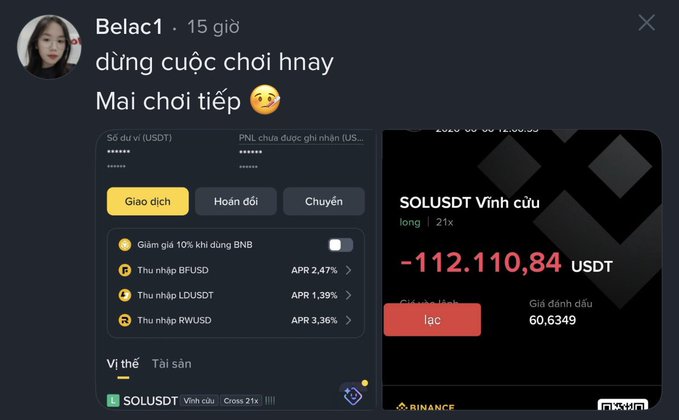The image features a screenshot of an account that has a post from someone named Belac1, which is about a cryptocurrency called "Sol" displayed in its profile picture. The post includes text written in both English and Vietnamese, stating that the account holder's bank account is at +1,120,984 US dollars (VND 11,841). Additionally, the post mentions that there are multiple offers for sol trading with different interest rates. A screenshot of a social media platform also appears on the image, likely showing Belac1's status update or interaction with friends and followers.