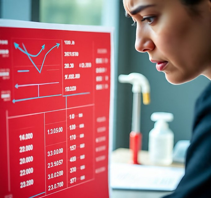 A woman analyzing financial data and charts displayed on a red computer screen in an office setting.