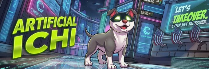 A stylized banner image showing a dog wearing glowing green goggles with the text 'ARTIFICIAL ICHI' and 'LET'S TAKEOVER. CYBER NET TAKEOVER.' set in a cyberpunk cityscape.