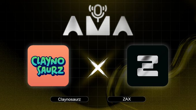 This image promotes an upcoming "AMA" (Ask Me Anything) session between Claynosaurz and ZAX, featuring their respective logos and the text "Claynosaurz" and "ZAX."