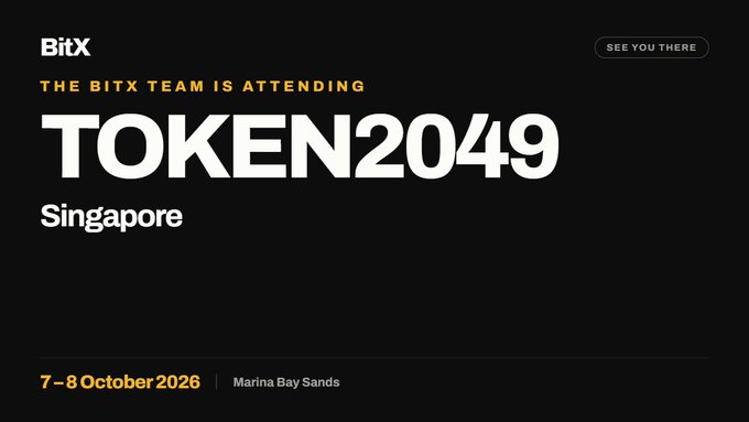 A sleek black promotional banner from BitX announcing their attendance at TOKEN2049 in Singapore on 7–8 October 2026 at Marina Bay Sands, featuring a "SEE YOU THERE" call-to-action that aligns with their post about showcasing ZRC20 and privacy solutions on Bitcoin L1 at the event.