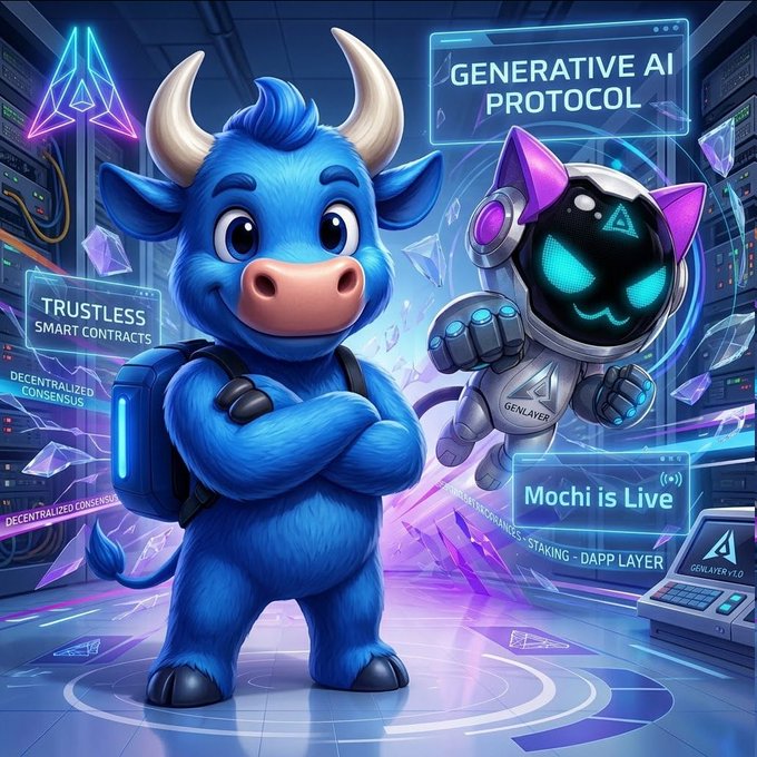 A colorful digital artwork featuring a blue cartoon bull mascot alongside a robotic cat character, with text highlighting 'GenLayer', 'Generative AI Protocol', 'Trustless Smart Contracts', 'Decentralized Consensus', and 'Mochi is Live'.