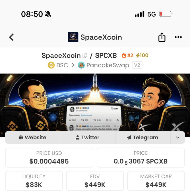 A mobile screenshot of the SpaceXcoin (SPCXB) token page showing a cartoon illustration of CZ and Elon Musk in a spaceship, with a price of $0.0004495, $83K liquidity, and a $449K market cap on BSC via PancakeSwap V2.