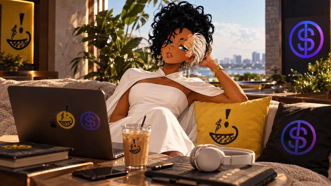 An anime-style illustration of a woman with black and white hair relaxing on a couch with a laptop, surrounded by pillows and decor featuring yellow smiley logos and purple dollar sign ($) symbols, with an iced coffee and headphones nearby.