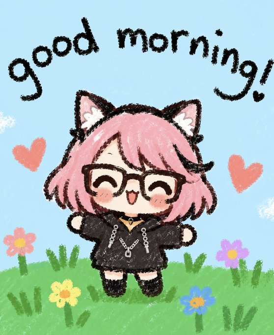 A cute pastel illustration of a pink-haired girl with cat ears and glasses, with the text 'good morning!' surrounded by hearts and flowers.