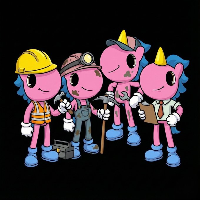 Four cartoon pink unicorn-like characters dressed as construction workers, miners, and office staff with hard hats, pickaxe, wrench, and clipboard against a black background.