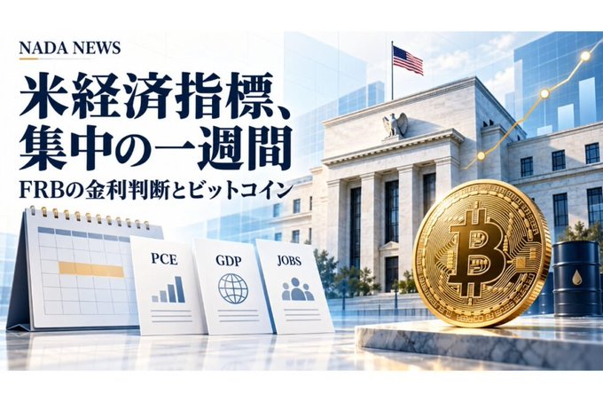 A Japanese financial news graphic titled 'NADA NEWS' with the headline '米経済指標、集中の一週間' (US Economic Indicators, A Focused Week) and subtext 'FRBの金利判断とビットコイン' (FRB's Interest Rate Decision and Bitcoin), showing the Federal Reserve building, a Bitcoin, oil, and economic charts for PCE, GDP, and Jobs.