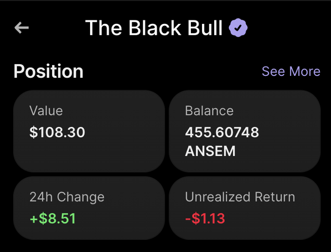 A crypto wallet app screen for 'The Black Bull' verified token, showing a position with Value $108.30, Balance 455.60748 ANSEM, 24h Change +$8.51, and Unrealized Return -$1.13.