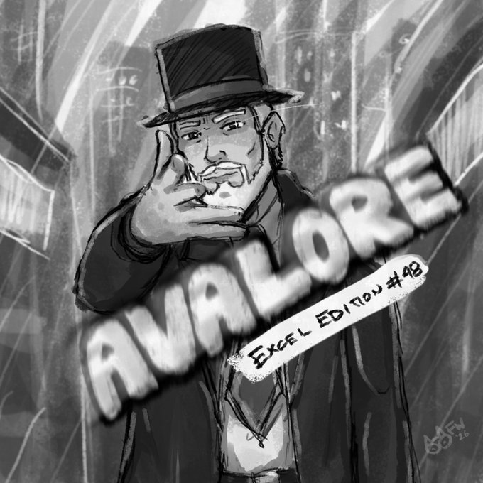 A grayscale sketch-style illustration features a man in a top hat pointing directly at the viewer, with bold graffiti-style text reading "AVALORE EXCEL EDITION #48" overlaid across the center, promoting an Avalanche (AVAX) newsletter by community member ExcelBaller.