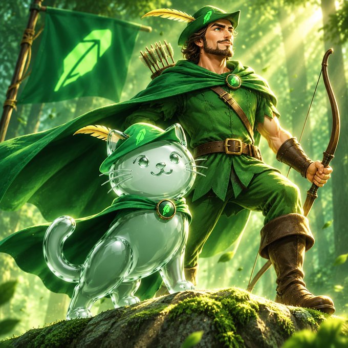 A fantasy archer dressed in green with a feathered cap stands alongside a translucent glass cat wearing a matching green hat and cape, both set in a sunlit forest with a green flag bearing a leaf emblem, playfully riffing on the crypto tickers #PONS and #PCAT through the pun "pounce" — the archer ready to pounce with his bow and the glass feline poised to spring.