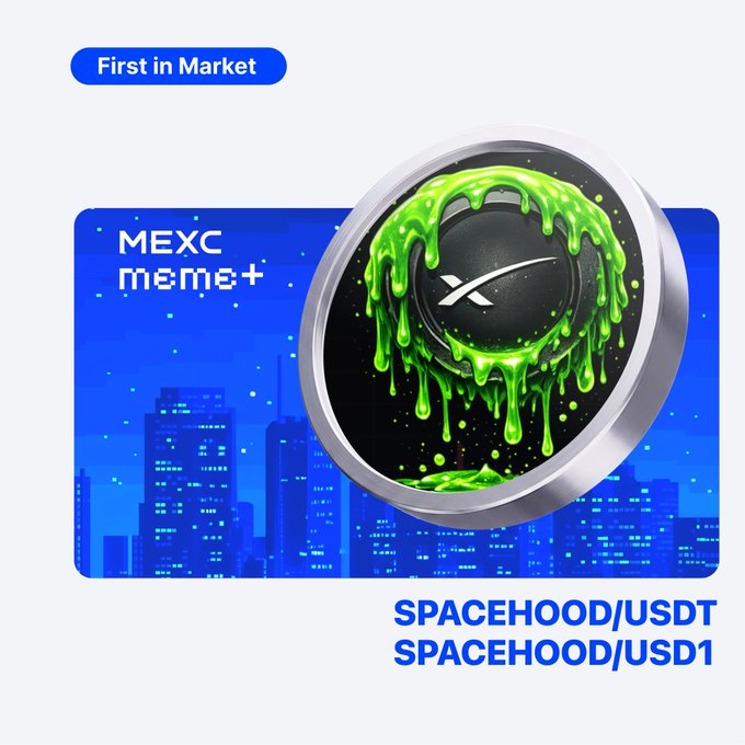 A promotional graphic announcing the MEXC Meme+ listing of $SPACEHOOD, featuring a green slime-dripped XP coin over a pixel-art cityscape background, with "First in Market" badge and trading pairs SPACEHOOD/USDT and SPACEHOOD/USD1 displayed.