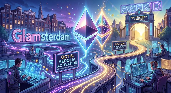A colorful digital illustration depicts a "Glamsterdam" event with people working at computer stations, neon signs announcing "Oct 6: SEPOLIA ACTIVATION" and "Oct 27", glowing Ethereum logos, and stylized Amsterdam architecture.