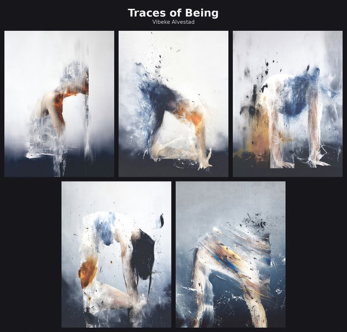 A promotional image for 'Traces of Being' by Vibeke Alvestad, displaying five abstract mixed-media artworks featuring blurred, fragmented figures in blue, orange, and black tones.