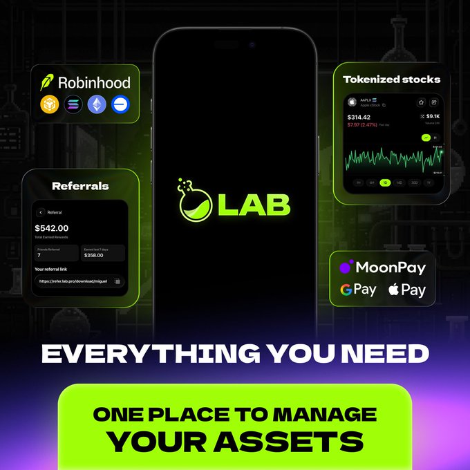 The image is a promotional graphic for "LAB," an asset management app, featuring a smartphone displaying the LAB logo (a green beaker/flask icon) at the center against a dark industrial background. Surrounding the phone are highlighted feature cards: the top-left shows integration with "Robinhood," MetaMask, Phantom, and Coinbase; the bottom-left displays a "Referrals" section showing "$542.00 Total Earned Rewards," "7 Friends Referred," and an "Average Per Friend" of "$358.00," with a referral link "https://refer.lab.pro/download/miguel"; the top-right highlights "Tokenized stocks" with an Apple (AAPL) chart showing "$314.42," "(-2.78) (-0.87%)," "$59.1K," and time intervals (1H, 1D, 1W, 1M); and the bottom-right lists payment options including MoonPay, Google Pay, and Apple Pay.