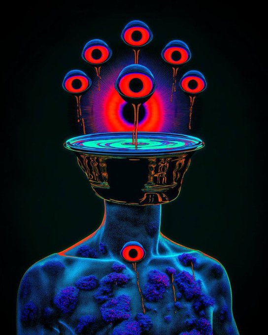 A surreal digital artwork depicts a humanoid figure with a golden basin for a head, from which rise multiple floating, glowing red eyes with trailing tendrils against a dark background.
