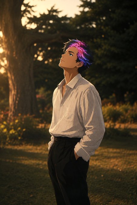 An anime-style illustration depicts a young man with purple and pink hair standing outdoors, looking upward while wearing a white striped shirt and black trousers.