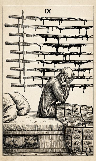 A black and white tarot card illustration marked 'IX' (Nine of Swords) showing a hooded skeletal figure sitting on a bed with their head in their hands, with nine dripping swords mounted on the wall above.