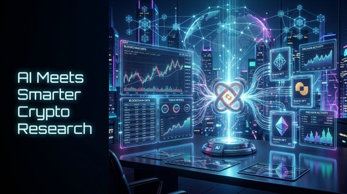 A futuristic digital interface displays the text 'AI Meets Smarter Crypto Research' alongside holographic screens showing market data, charts, and a central glowing AI core.