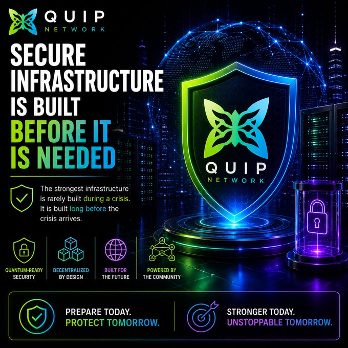 A promotional graphic for 'QUIP NETWORK' features a glowing shield logo and the headline 'SECURE INFRASTRUCTURE IS BUILT BEFORE IT IS NEEDED' with cityscape imagery in the background.