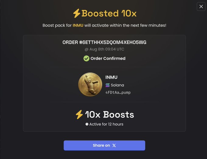 An order confirmation screen showing a Boosted 10x pack purchase for INMU token on the Solana blockchain, with order #6ETTHHX5DQ0M4XEH05WG confirmed.