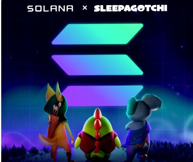 A promotional graphic reads 'SOLANA x SLEEPAGOTCHI' above three cartoon characters standing in front of a glowing, multicolored Solana logo against a starry background.