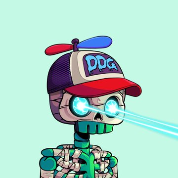 A cartoon skeleton wearing a red, white, and blue propeller cap labeled 'DDG' shoots laser beams from its glowing blue eyes against a light blue background.