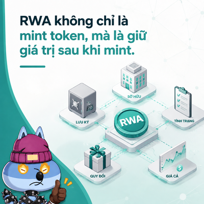 An infographic in Vietnamese explaining that RWA (Real World Assets) is not just about minting tokens but maintaining value after mint, with a cartoon cat mascot and labeled icons for ownership, storage, status, redemption, and pricing.
