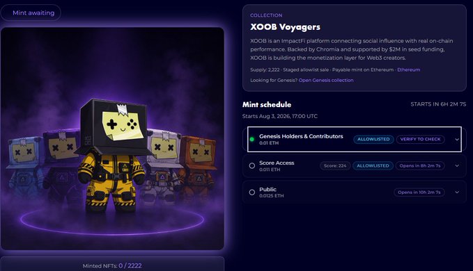 An NFT mint page for the XOOB Voyagers collection on Ethereum, showing supply 2,222, mint price 0.012 ETH, and a schedule starting Aug 3, 2026, 17:00 UTC.