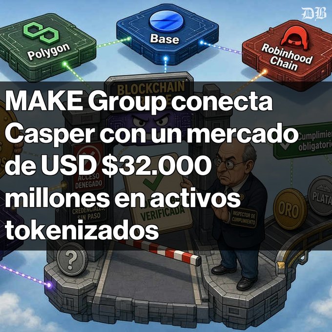 An illustrated graphic showing blockchain networks including Polygon, Base, and Robinhood Chain, with Spanish text overlay reading 'MAKE Group conecta Casper con un mercado de USD $32.000 millones en activos tokenizados'.