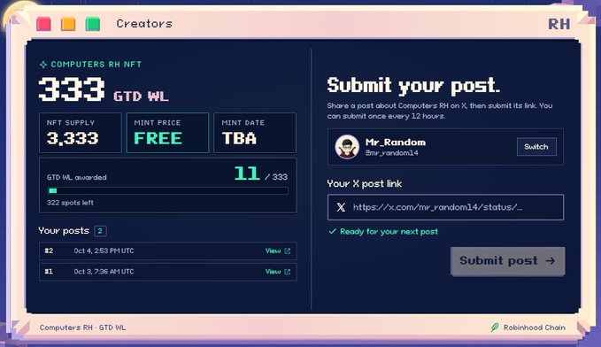 A webpage interface for 'COMPUTERS RH NFT' showing 333 GTD WL with a free mint, displaying 11/333 WLs awarded and a section to link an X post for submission.