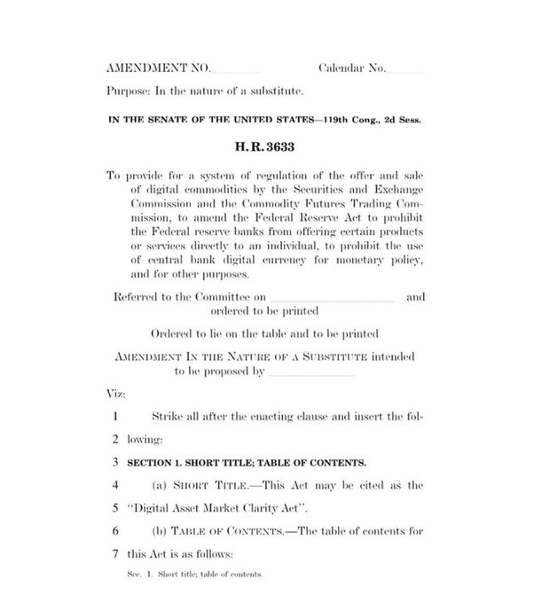 A page of a U.S. Senate amendment to H.R. 3633 titled the 'Digital Asset Market Clarity Act' for regulating the offer and sale of digital commodities.