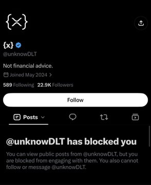 The image shows an X (formerly Twitter) profile for "@unknowDLT" with 22.9K followers, displaying a message that "@unknowDLT has blocked you," indicating the user's account cannot interact with this crypto-focused account that allegedly spreads unconfirmed claims about DTCC having a settlement system ready with XRP.