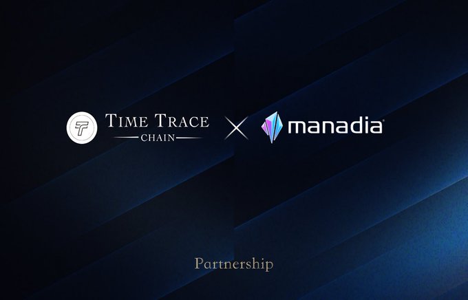 The image displays a partnership announcement between "Time Trace Chain" and "Manadia," with both logos flanking an "X" symbol on a dark blue background, and the word "Partnership" centered below. The graphic visually represents the collaboration highlighted in the post, showcasing the union of TT Chain's RWA infrastructure with Manadia's computational coordination network.